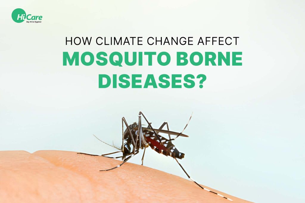 A mosquito is perched on human skin, with text addressing the impact of climate change on mosquito-borne diseases prominently displayed above it.