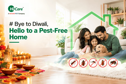 Pest-free home banner - family with dog after Diwali, icons for cockroach, tick, mosquito, bed bug and rodent control