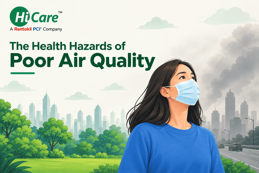 The health hazards of poor air quality with a woman wearing a face mask in a polluted city